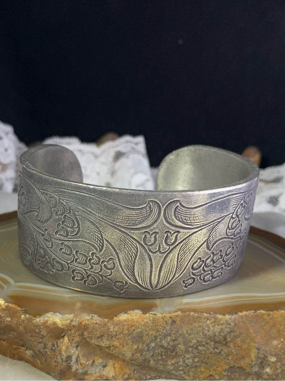 Engraved Floral Silver-Tone Cuff Bracelet   WomenLily of the valley,Pewter Cuff